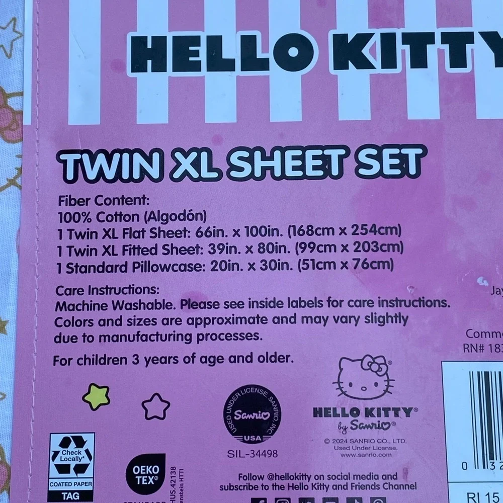 Hello Kitty by Sanrio 100% Cotton Pink Gold TWIN XL Sheet Set 3pc